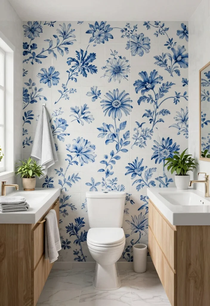 15 Blue Bathroom Tile Ideas That Feel Fresh - 15. Classic Blue Floral Tiles 1