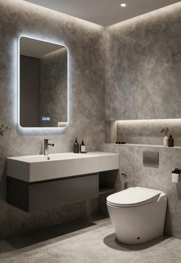 15 Cement Bathroom Ideas With Modern Industrial Vibes - 11. Futuristic Features 1