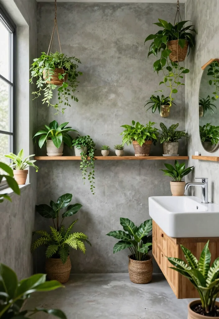 15 Cement Bathroom Ideas With Modern Industrial Vibes - 13. Indoor Plants 1