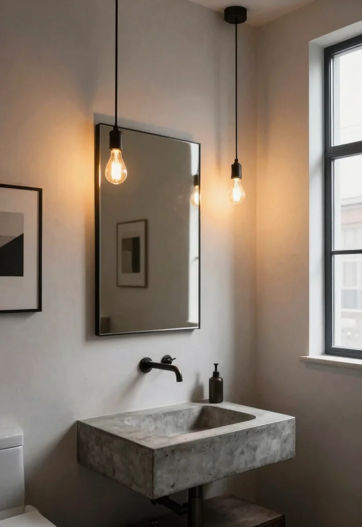 15 Cement Bathroom Ideas With Modern Industrial Vibes - 5. Industrial Lighting Fixtures 1