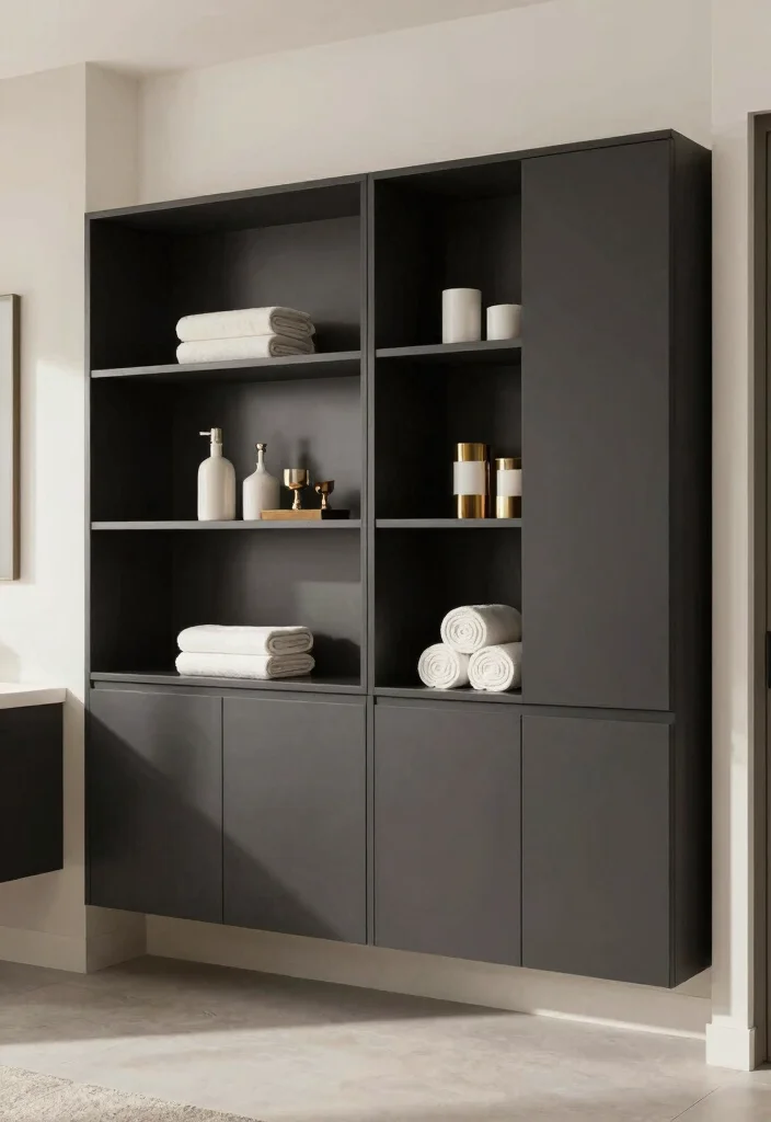 15 Dark Bathroom Cabinet Ideas With Rich Contrast - 10. Minimalist Dark Cabinets with Open Shelving 1