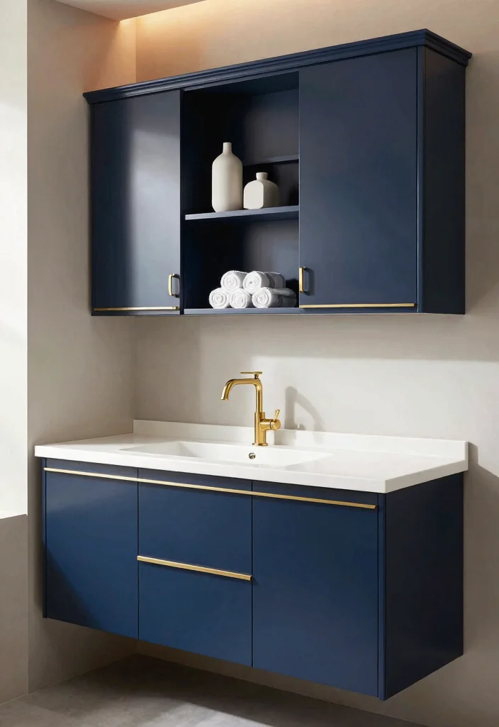 15 Dark Bathroom Cabinet Ideas With Rich Contrast - 2. Moody Dark Blue Cabinets 1