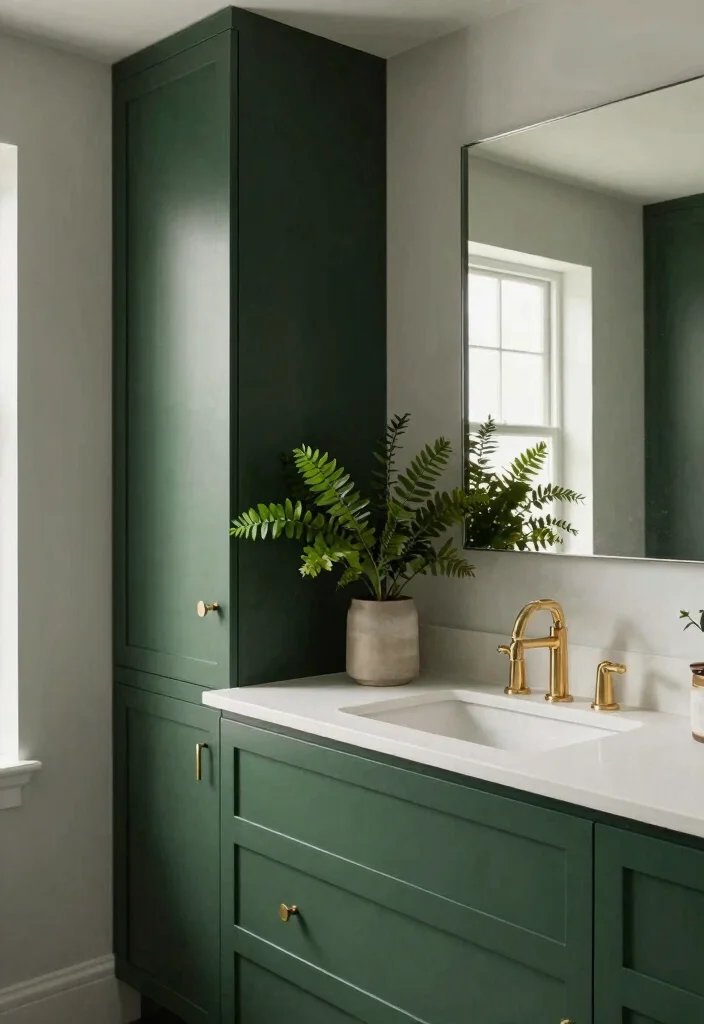 15 Dark Bathroom Cabinet Ideas With Rich Contrast - 4. Contemporary Dark Green Cabinets 1
