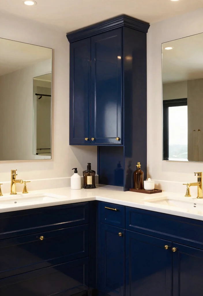 15 Dark Bathroom Cabinet Ideas With Rich Contrast - 6. Glossy Midnight Blue Cabinets 1