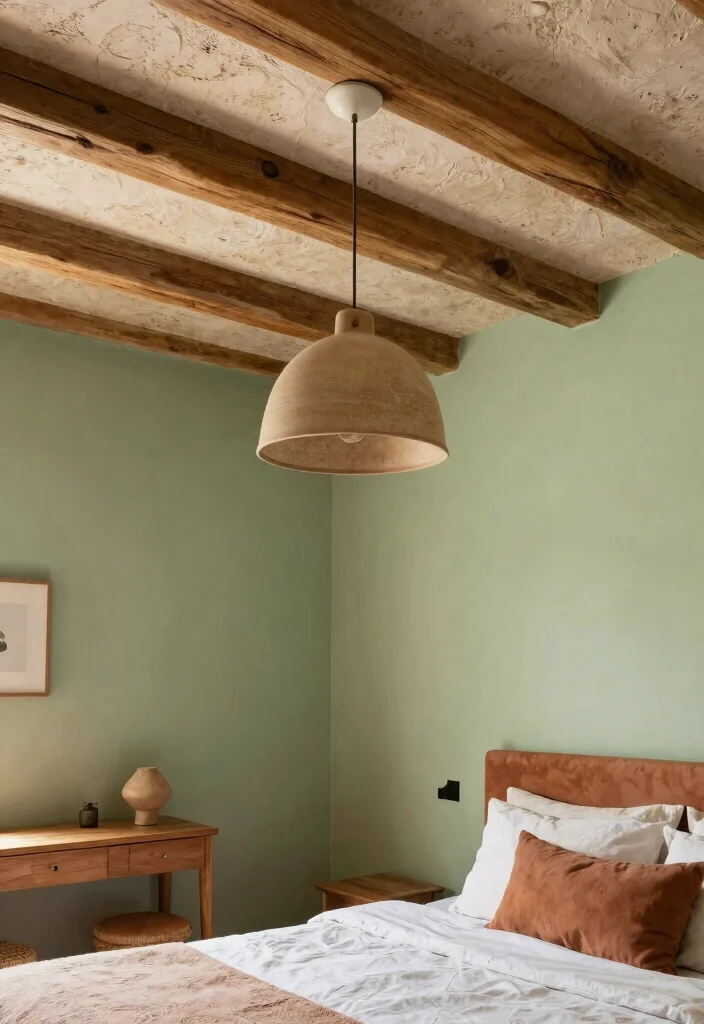 15 Green and Terracotta Bedroom Ideas Earthy Warm Contrast - 12. Textured Ceiling Designs 1