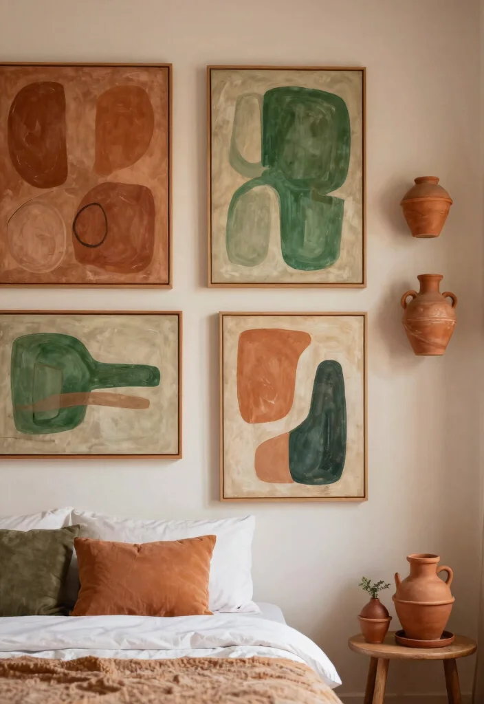 15 Green and Terracotta Bedroom Ideas Earthy Warm Contrast - 7. Terracotta Accented Artwork 1