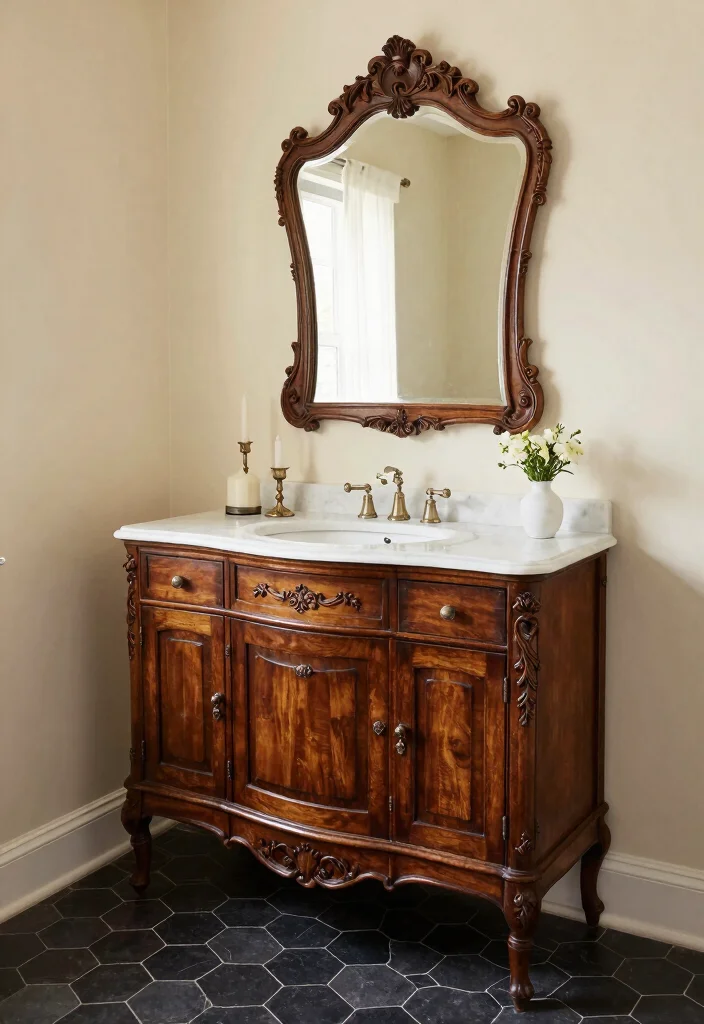 15 One Sink Bathroom Vanity Ideas For Compact Layouts - 3. Vintage Charm with Antique Vanities 1