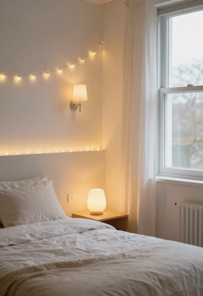 15 Pastel Colour Bedroom Ideas: Soft Dreamy Palette - 13. Layered Lighting Effects 1