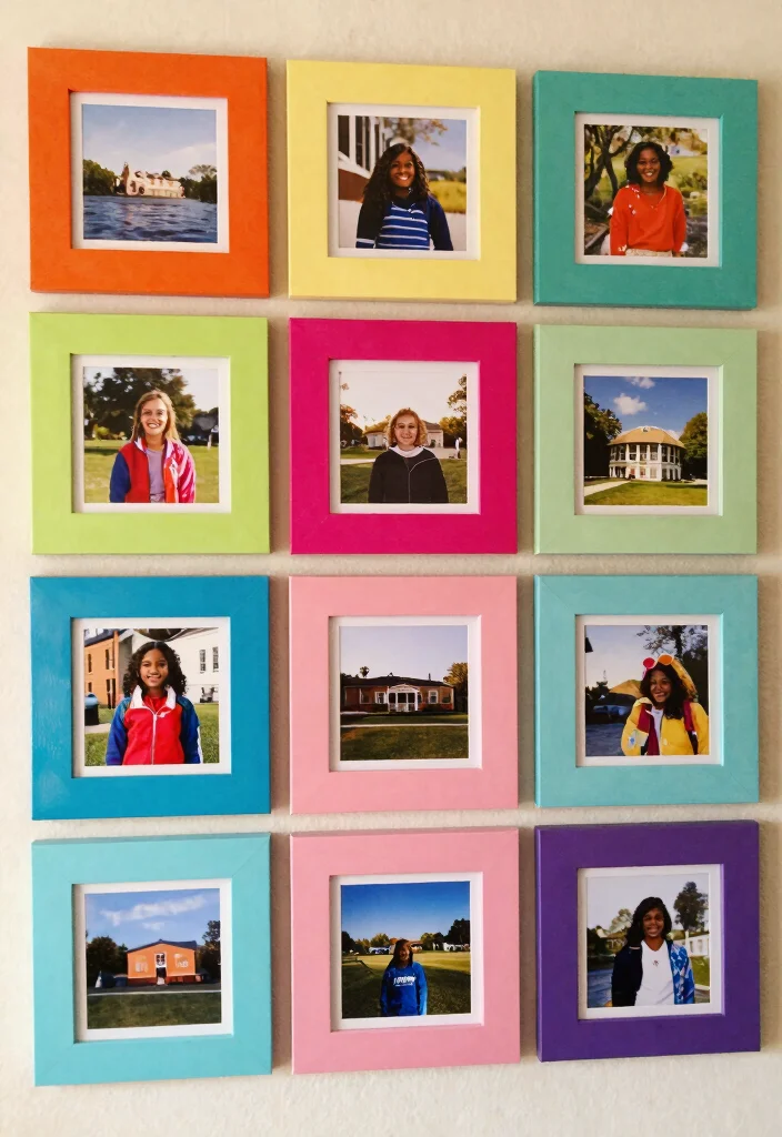 15 Photo Wall Collage Bedroom Aesthetic Ideas Personal Trendy Style - 11. Use of Colorful Mats and Borders 1