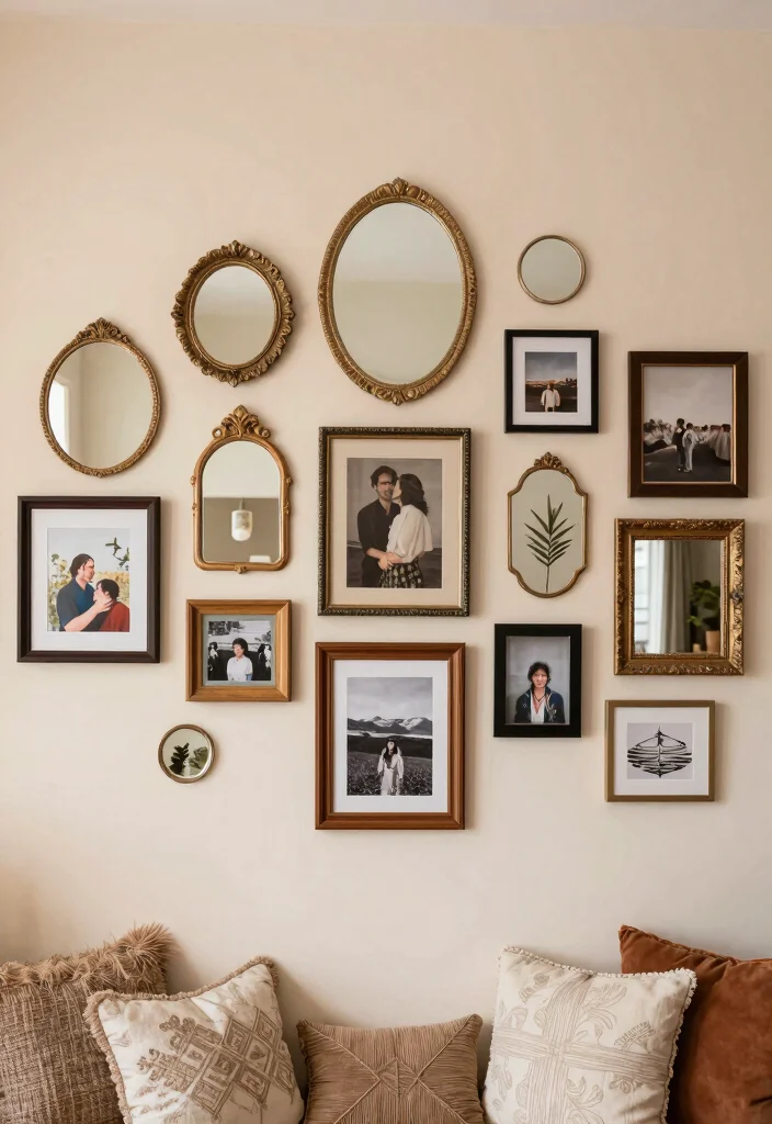 15 Photo Wall Collage Bedroom Aesthetic Ideas Personal Trendy Style - 5. Use of Mirrors in Collage Design 1