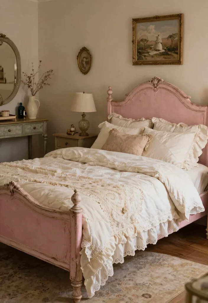 15 Pink Bed Frame Bedroom Ideas for Cute Feminine Style - 10. Shabby Chic Haven 1