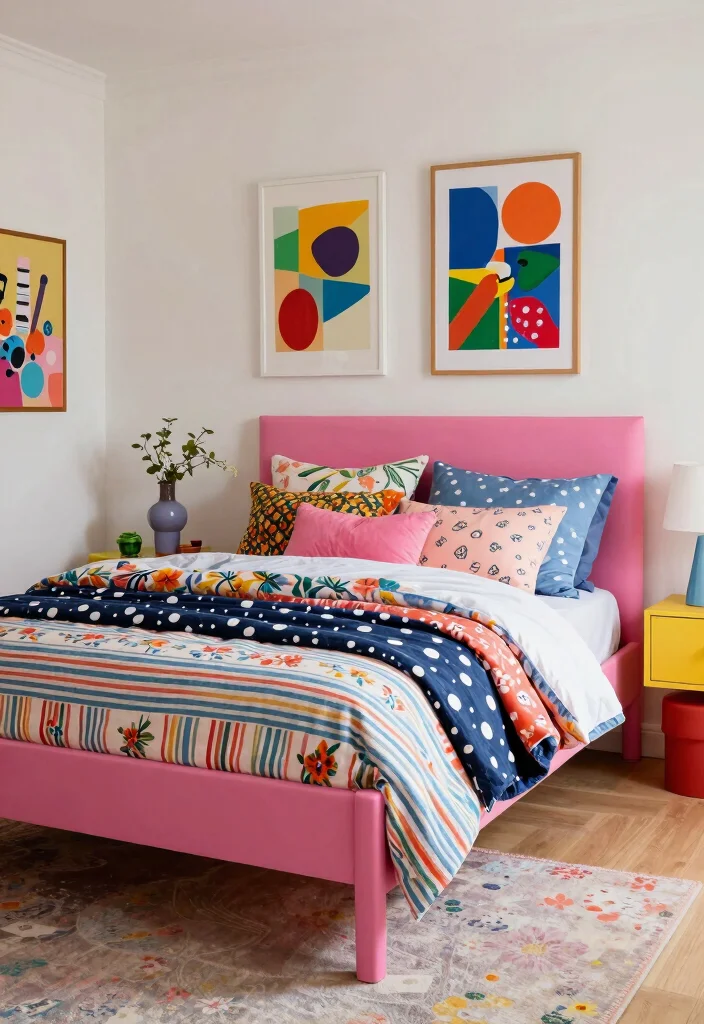 15 Pink Bed Frame Bedroom Ideas for Cute Feminine Style - 11. Colorful Mash-Up 1