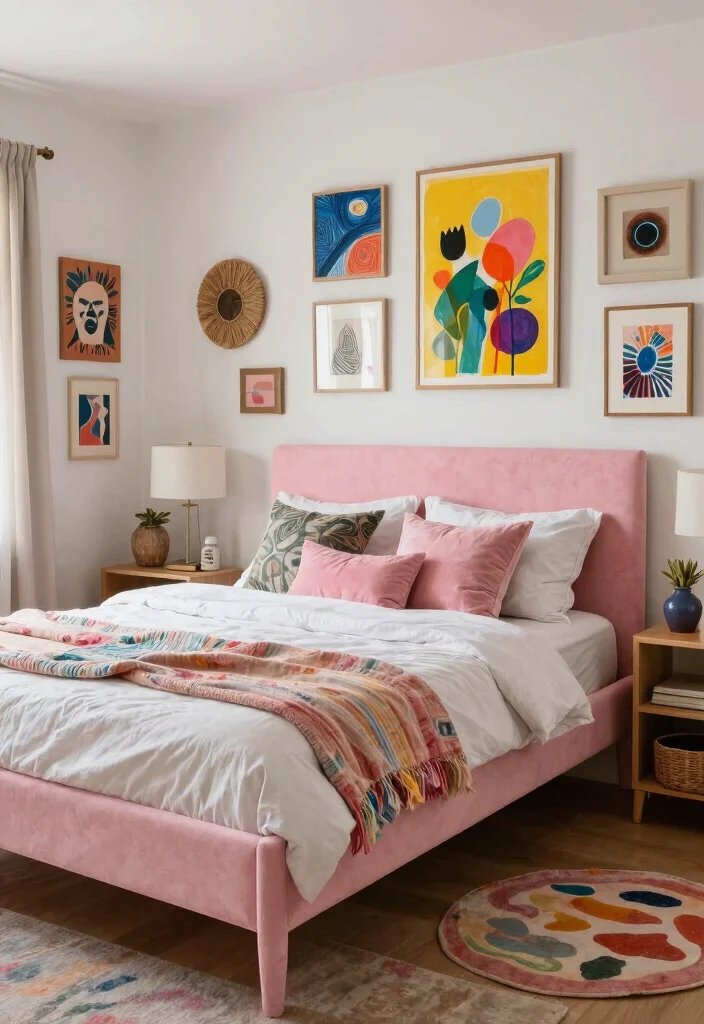 15 Pink Bed Frame Bedroom Ideas for Cute Feminine Style - 13. Eclectic Artist’s Space 1