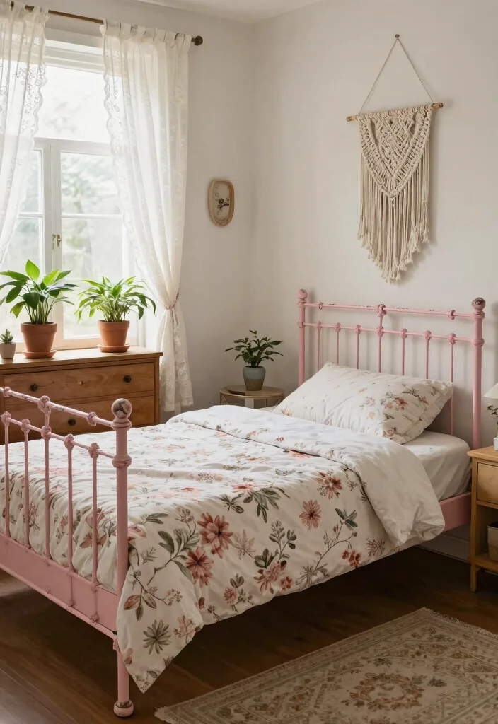 15 Pink Bed Frame Bedroom Ideas for Cute Feminine Style - 2. Vintage Aesthetic 1
