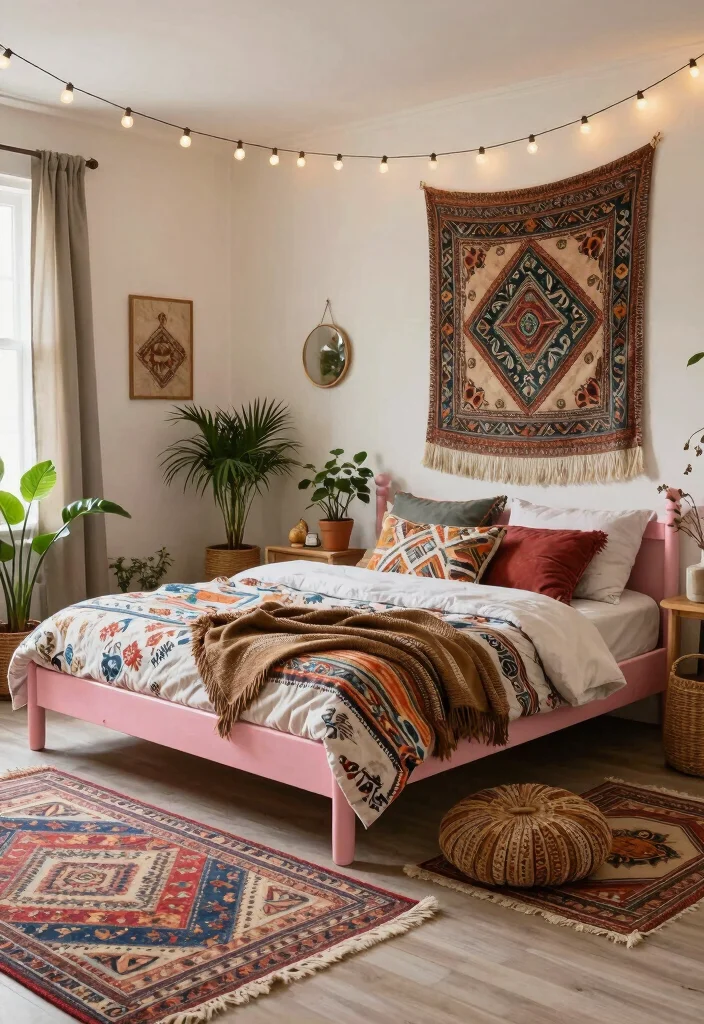 15 Pink Bed Frame Bedroom Ideas for Cute Feminine Style - 5. Bohemian Bliss 1
