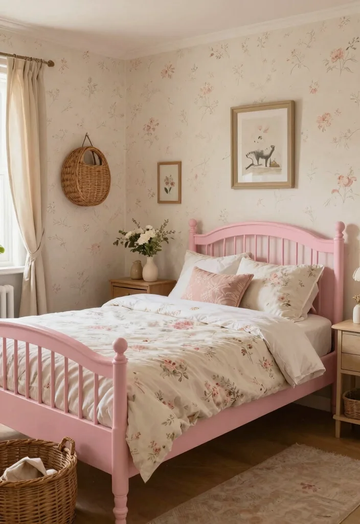15 Pink Bed Frame Bedroom Ideas for Cute Feminine Style - 7. Sweet Cottage Charm 1