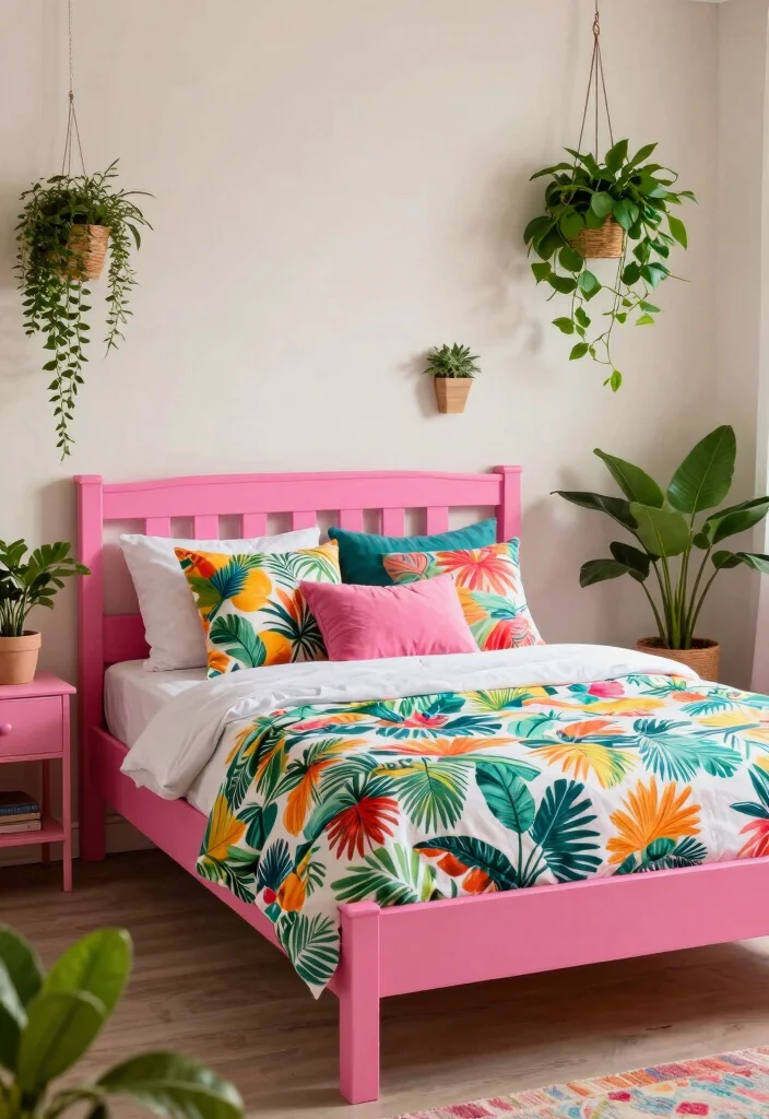 15 Pink Bed Frame Bedroom Ideas for Cute Feminine Style - 9. Tropical Vibes 1