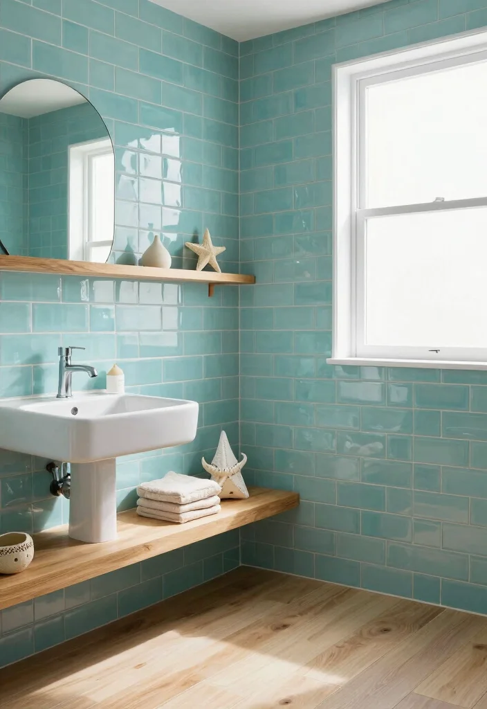 15 Turquoise Bathroom Tile Ideas With Coastal Energy - 1. Subtle Turquoise Subway Tiles 1