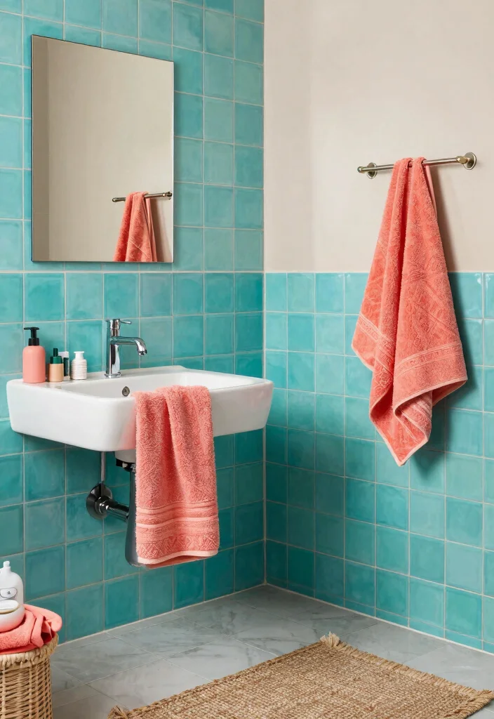 15 Turquoise Bathroom Tile Ideas With Coastal Energy - 11. Turquoise and Coral Palette 1