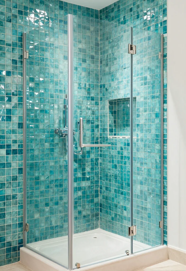 15 Turquoise Bathroom Tile Ideas With Coastal Energy - 12. Sleek Turquoise Shower Tiles 1