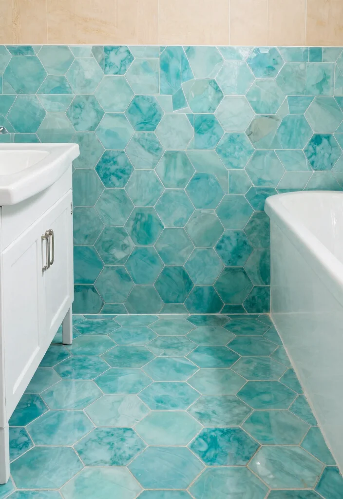 15 Turquoise Bathroom Tile Ideas With Coastal Energy - 13. Turquoise Hexagon Tiles 1