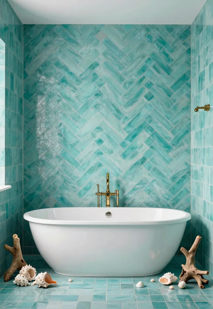 15 Turquoise Bathroom Tile Ideas With Coastal Energy - 3. Turquoise Herringbone Patterns 1