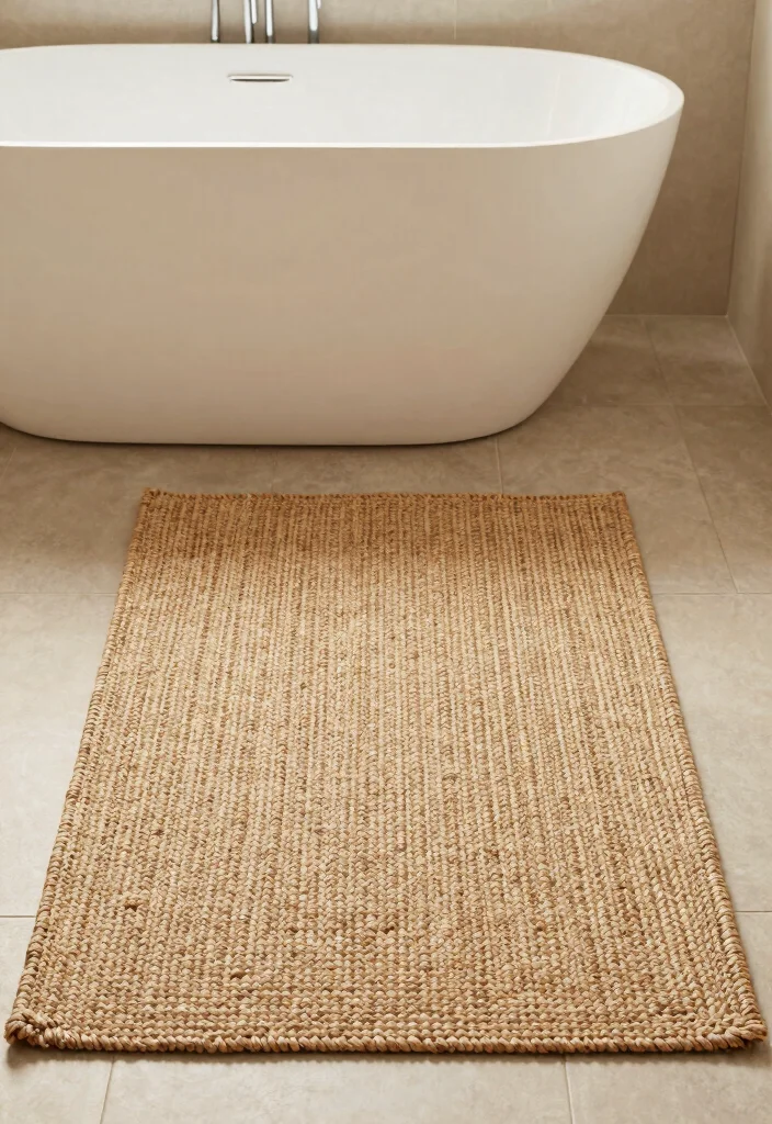 15 Warm Neutral Bathroom Ideas With Cozy Balance - 10. Natural Fiber Rugs 1
