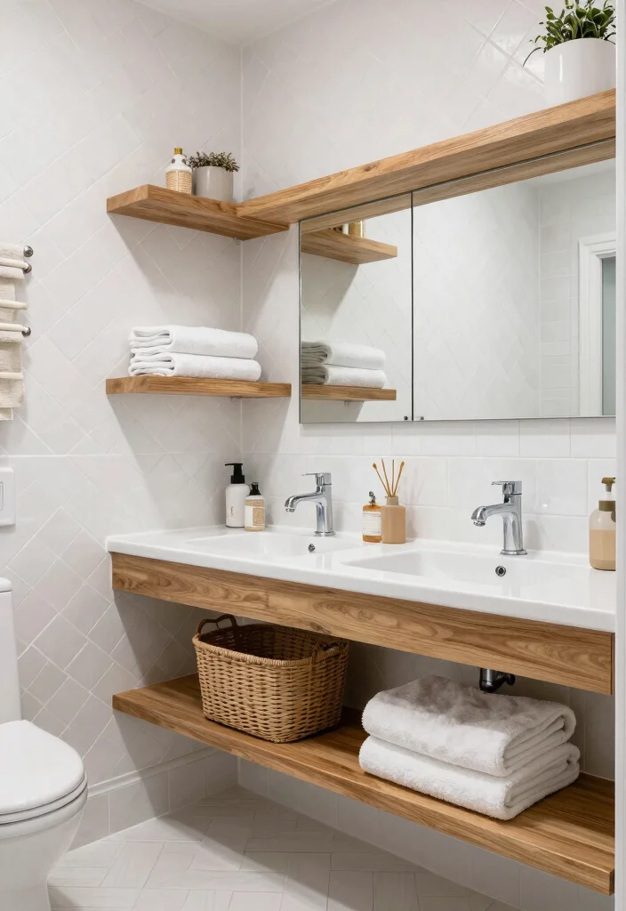 15 White Herringbone Tile Bathroom Ideas With Clean Elegance - 10. Clever Storage Solutions 1