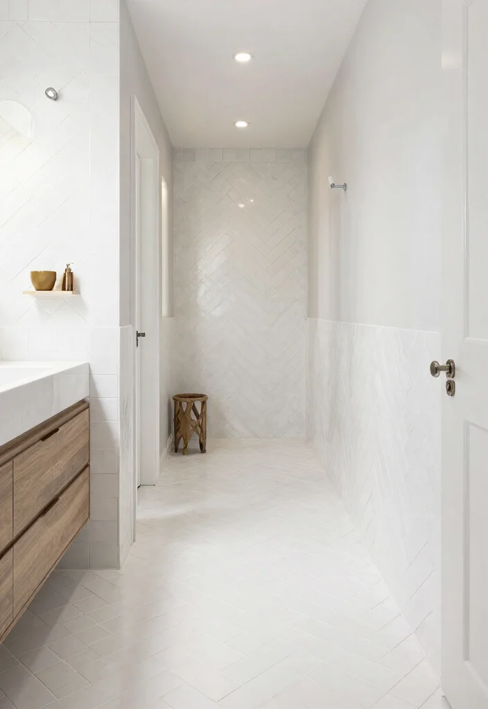 15 White Herringbone Tile Bathroom Ideas With Clean Elegance - 12. Seamless Transition to Other Spaces 1