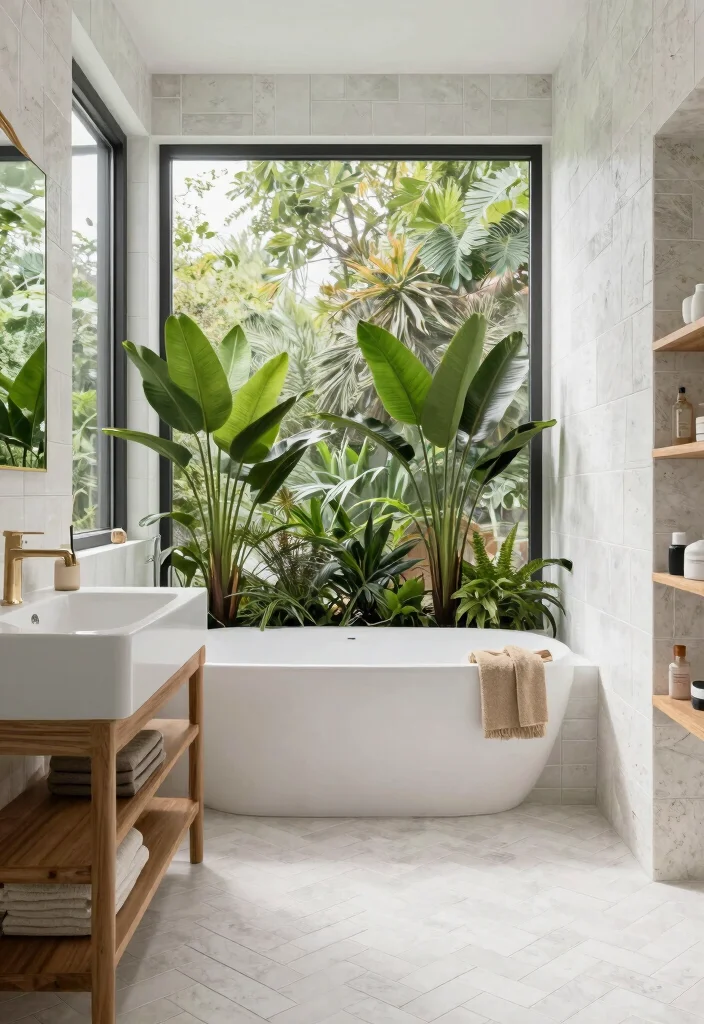 15 White Herringbone Tile Bathroom Ideas With Clean Elegance - 13. Outdoor-Inspired Elements 1