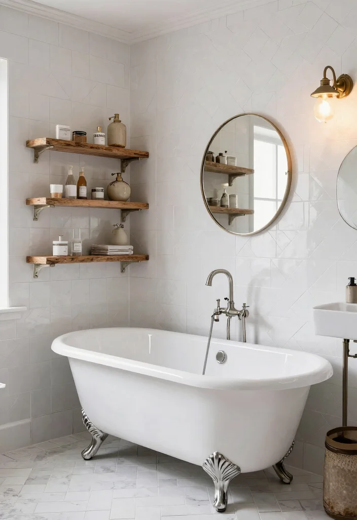 15 White Herringbone Tile Bathroom Ideas With Clean Elegance - 4. Vintage Charm with Modern Twist 1