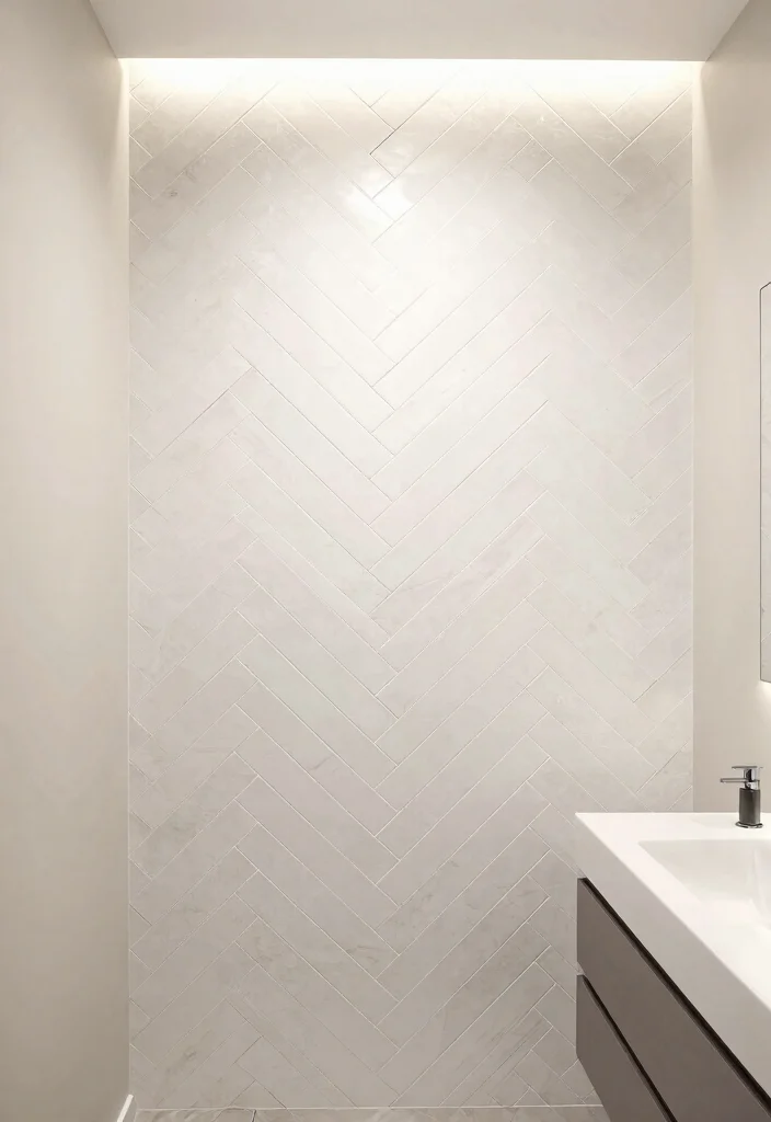 15 White Herringbone Tile Bathroom Ideas With Clean Elegance - 7. Textured Wall Feature 1