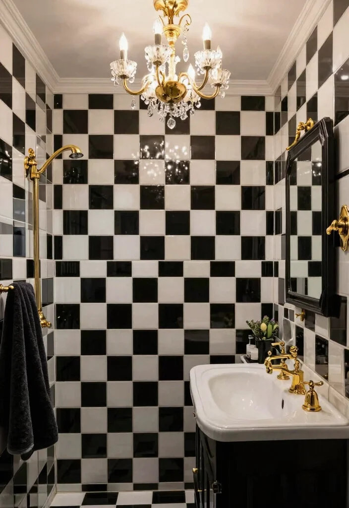 16 Checkerboard Tile Bathroom Ideas With Classic Contrast - 10. Checkerboard Tile with Glamorous Fixtures 1