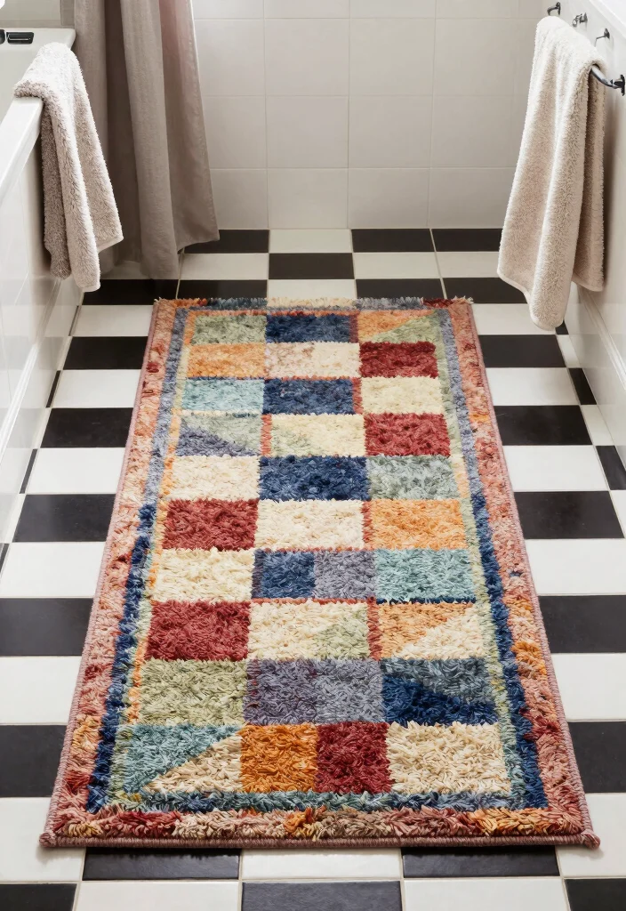 16 Checkerboard Tile Bathroom Ideas With Classic Contrast - 11. Checkerboard Floors with Area Rugs 1