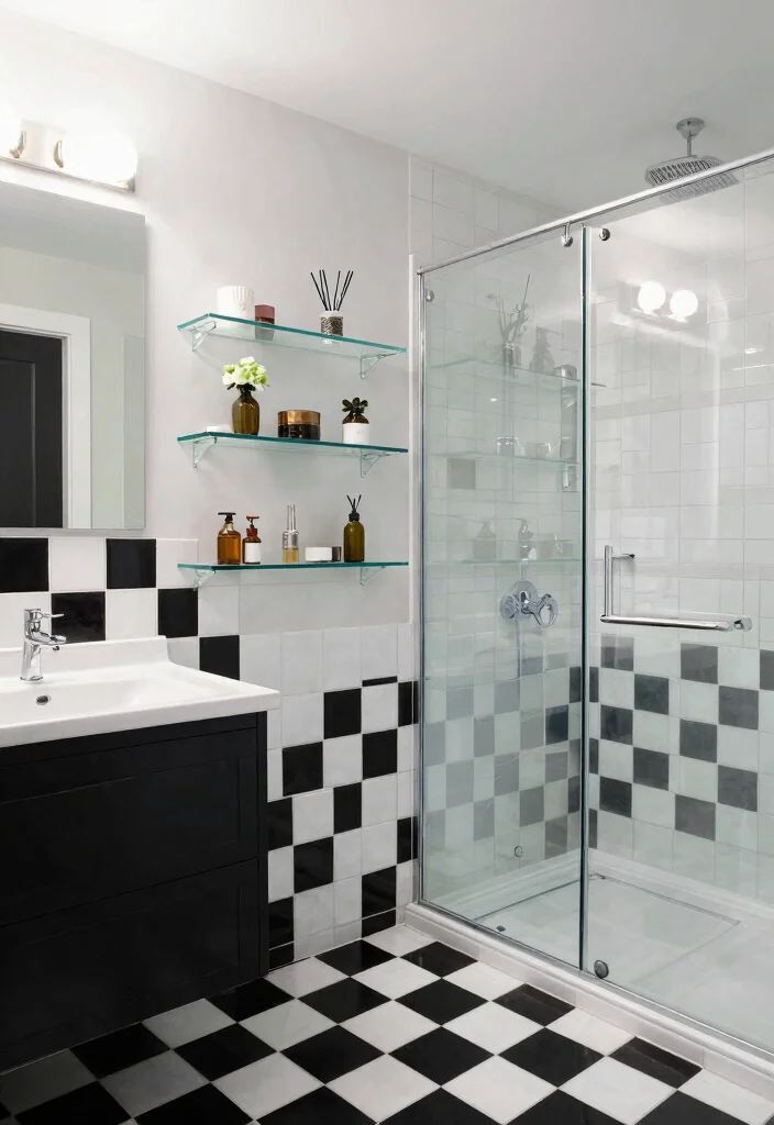 16 Checkerboard Tile Bathroom Ideas With Classic Contrast - 12. Checkerboard Tile with Glass Elements 1