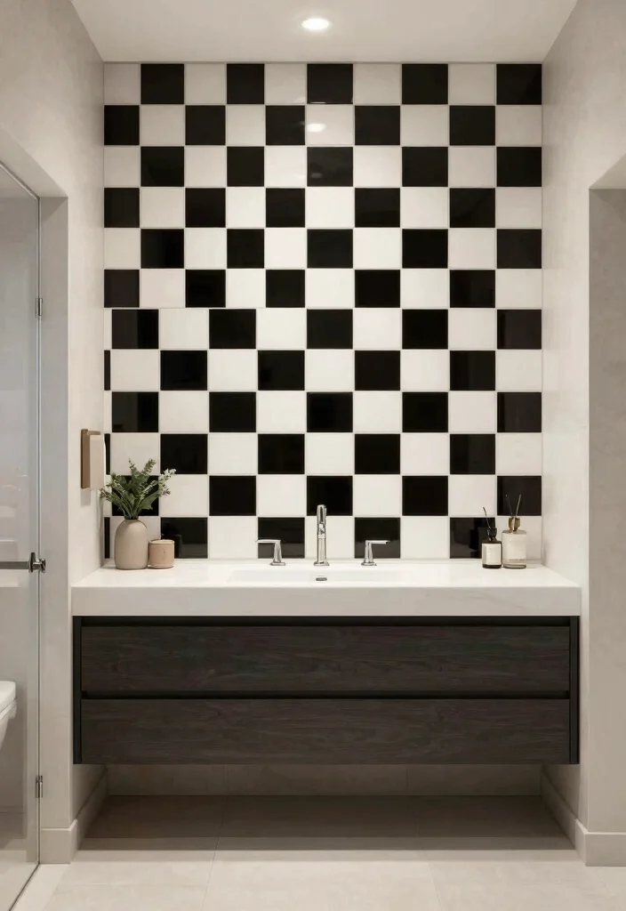 16 Checkerboard Tile Bathroom Ideas With Classic Contrast - 5. Checkerboard Accent Wall 1