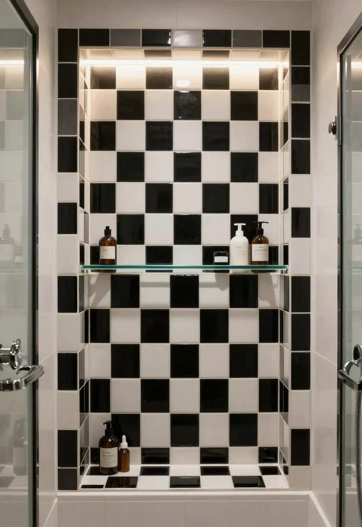 16 Checkerboard Tile Bathroom Ideas With Classic Contrast - 6. Checkerboard Shower Niche 1