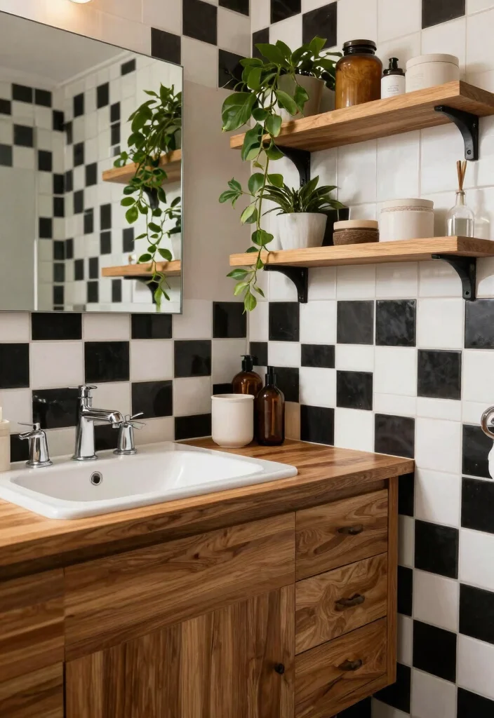 16 Checkerboard Tile Bathroom Ideas With Classic Contrast - 9. Checkerboard Tile with Wood Accents 1
