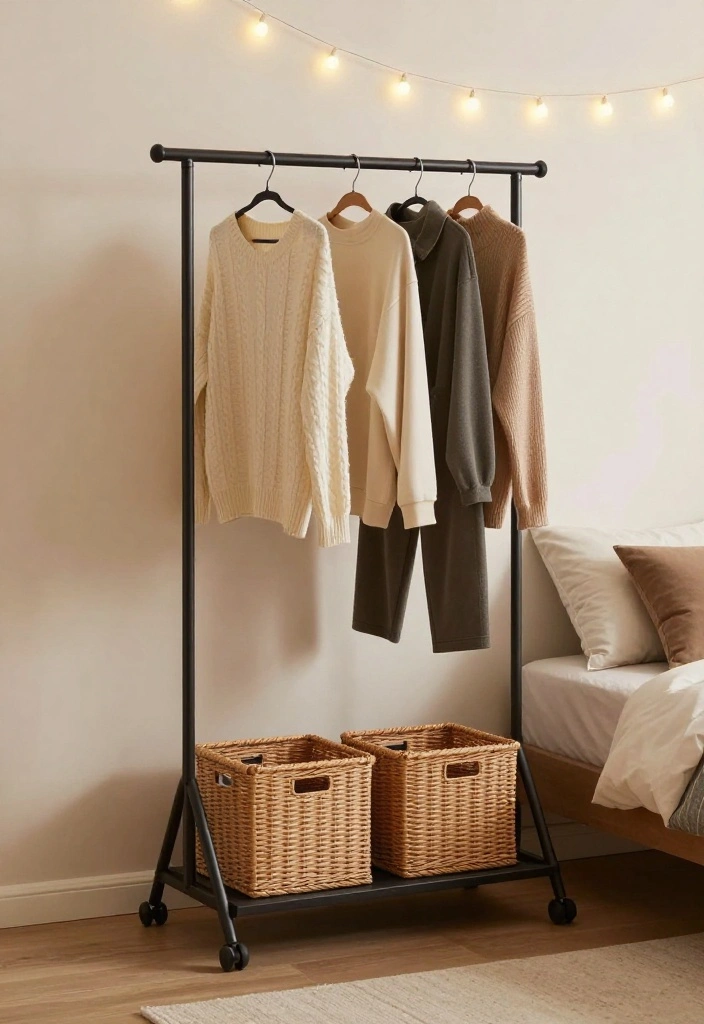 16 Clothing Rack Bedroom Small Spaces Ideas for Smart Storage - 6. Clothing Rack with Storage Bins 1