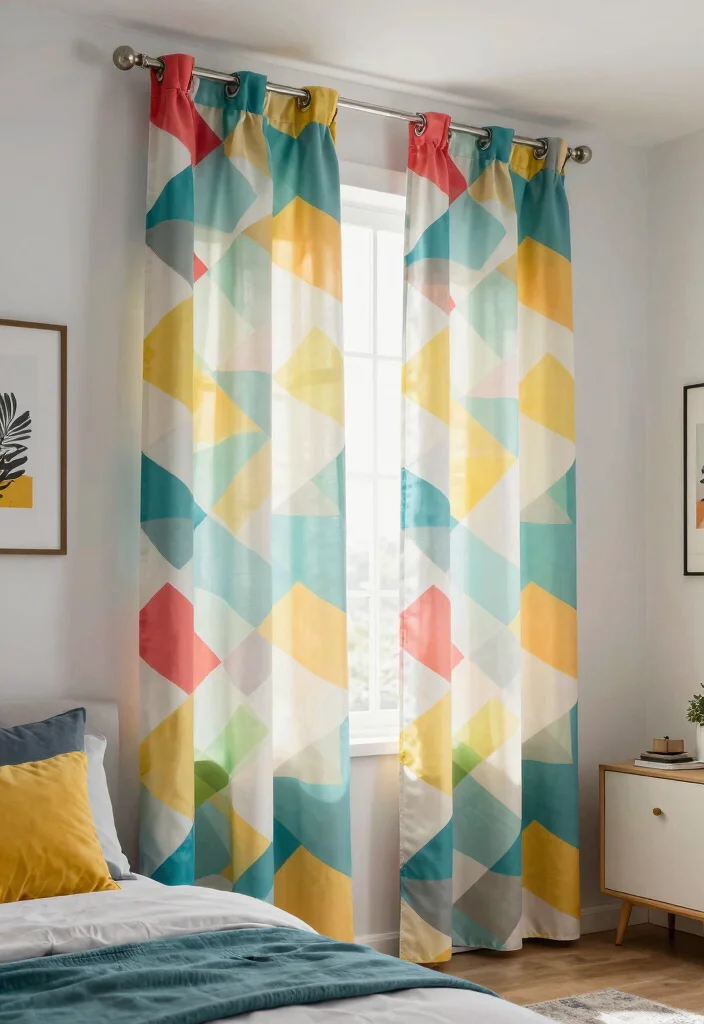 16 Curtains for Bedroom Window Ideas: Soft Functional Layers - 4. Colorful Geometric Patterns 1