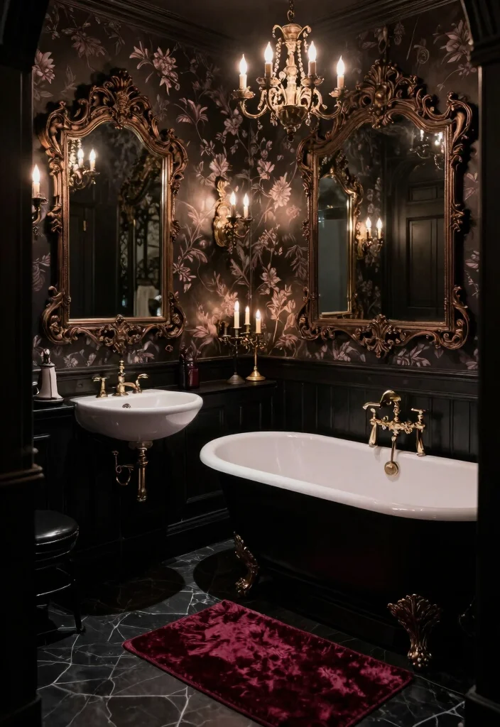 16 Dark Bathroom Ideas With Moody Style - 2. Gothic Glamour 1