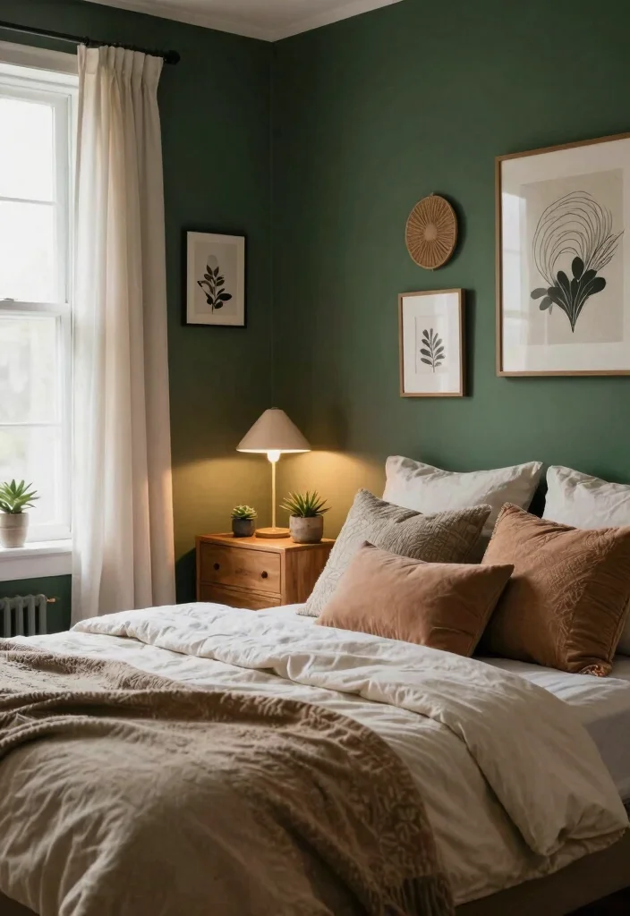 16 Dark Green Boho Bedroom Ideas: Moody Natural Vibes - 1. Dark Green Accent Wall 1