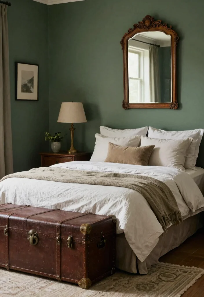 16 Dark Green Boho Bedroom Ideas: Moody Natural Vibes - 10. Vintage Finds 1