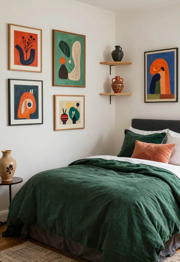 16 Dark Green Boho Bedroom Ideas: Moody Natural Vibes - 12. Artistic Touches 1