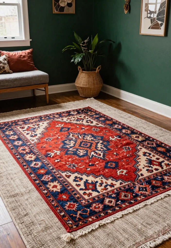 16 Dark Green Boho Bedroom Ideas: Moody Natural Vibes - 13. Layered Area Rugs 1