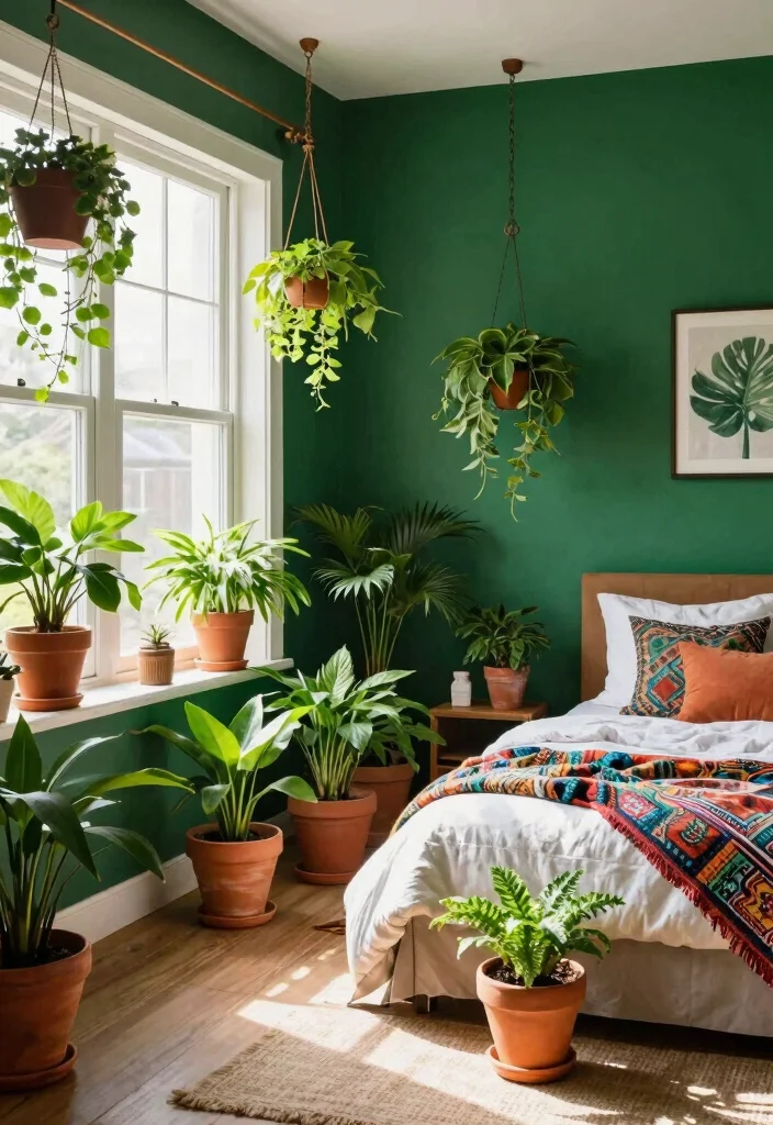 16 Dark Green Boho Bedroom Ideas: Moody Natural Vibes - 2. Plants Galore 1