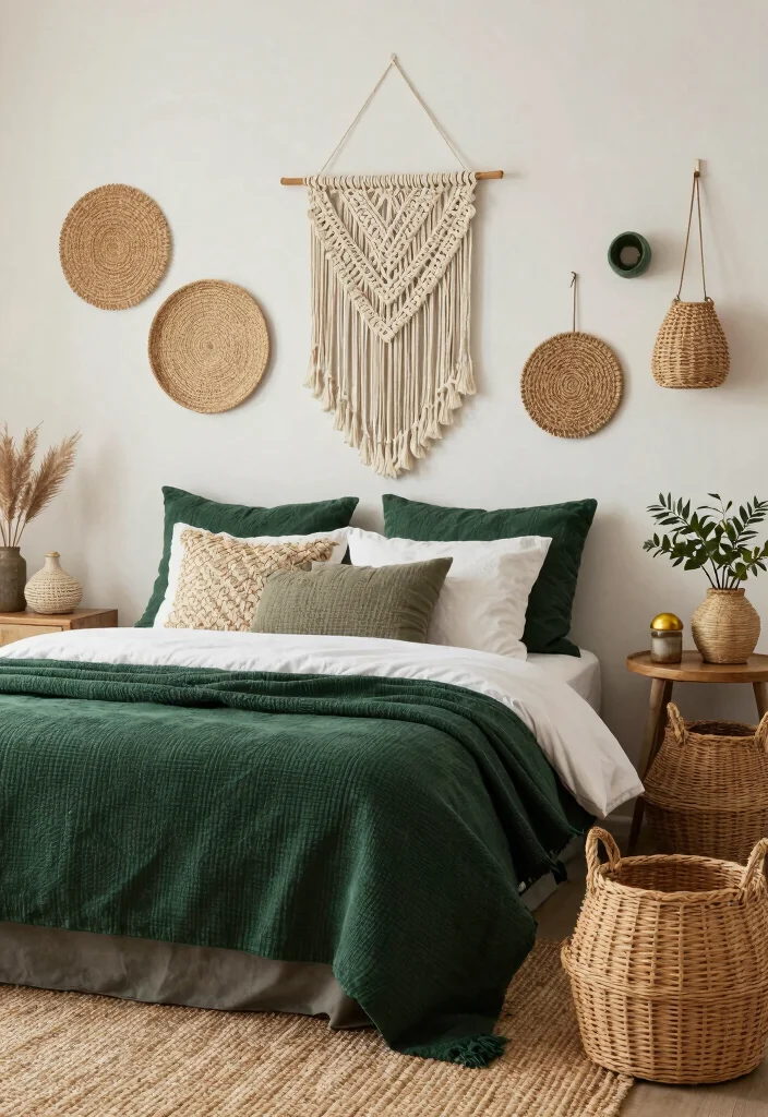 16 Dark Green Boho Bedroom Ideas: Moody Natural Vibes - 5. Woven Details 1