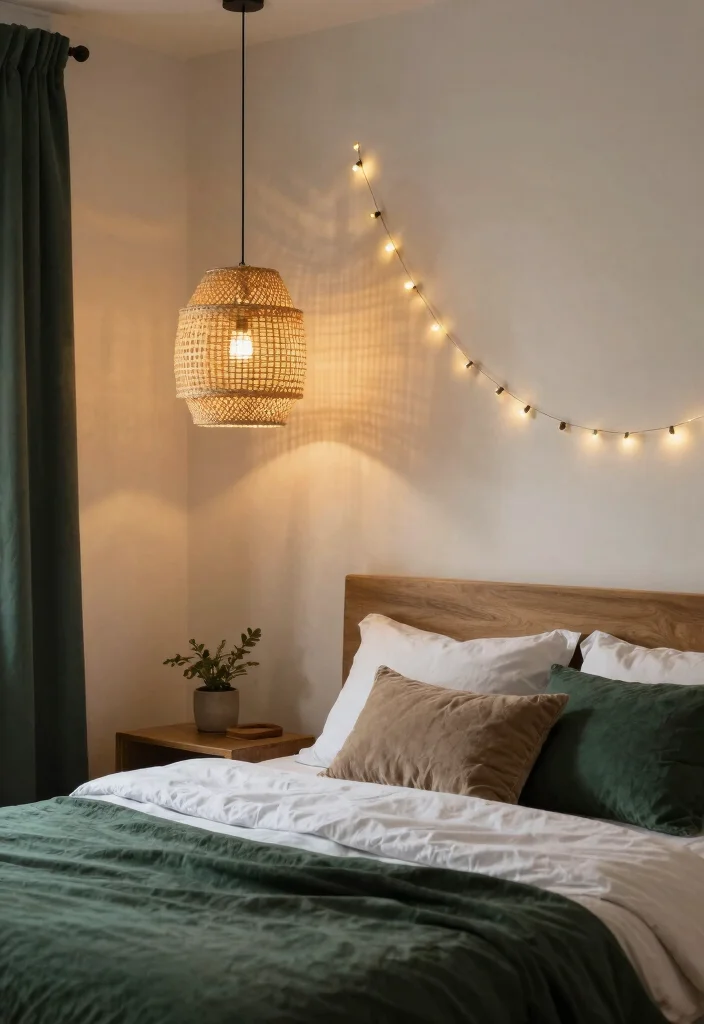 16 Dark Green Boho Bedroom Ideas: Moody Natural Vibes - 6. Bohemian Lighting 1