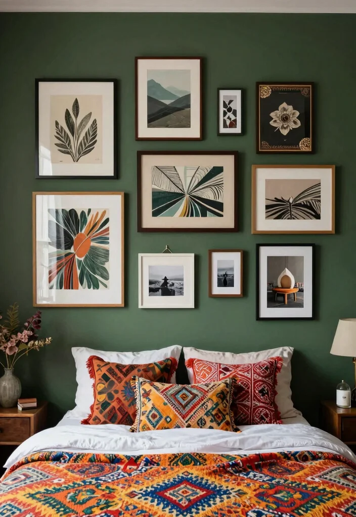 16 Dark Green Boho Bedroom Ideas: Moody Natural Vibes - 8. Eclectic Gallery Wall 1