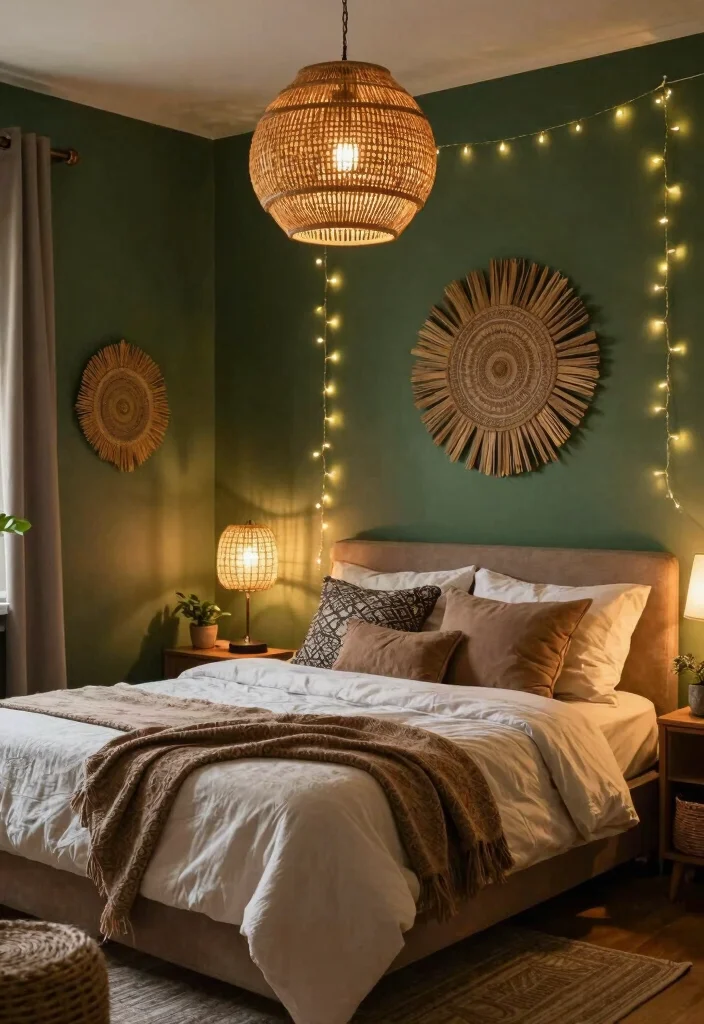 16 Dark Green Boho Bedroom Ideas: Moody Natural Vibes - 9. Layered Lighting Effects 1